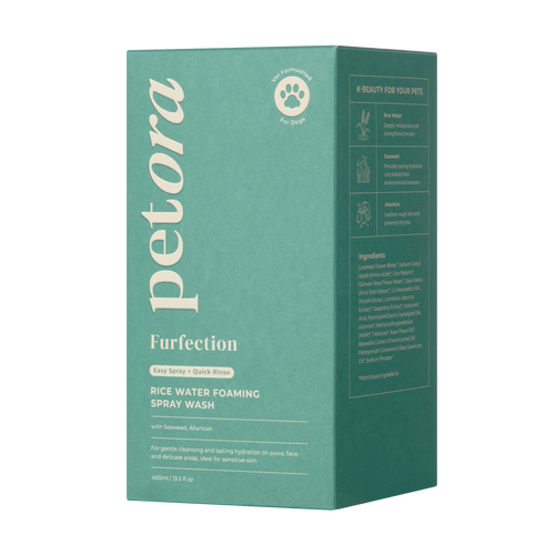 A teal box of Petora FURFECTION Rice Water Paw & Facial Shampoo for pets, with product details, gentle cleansing benefits for sensitive skin, and a full ingredients list on the front and side panels.