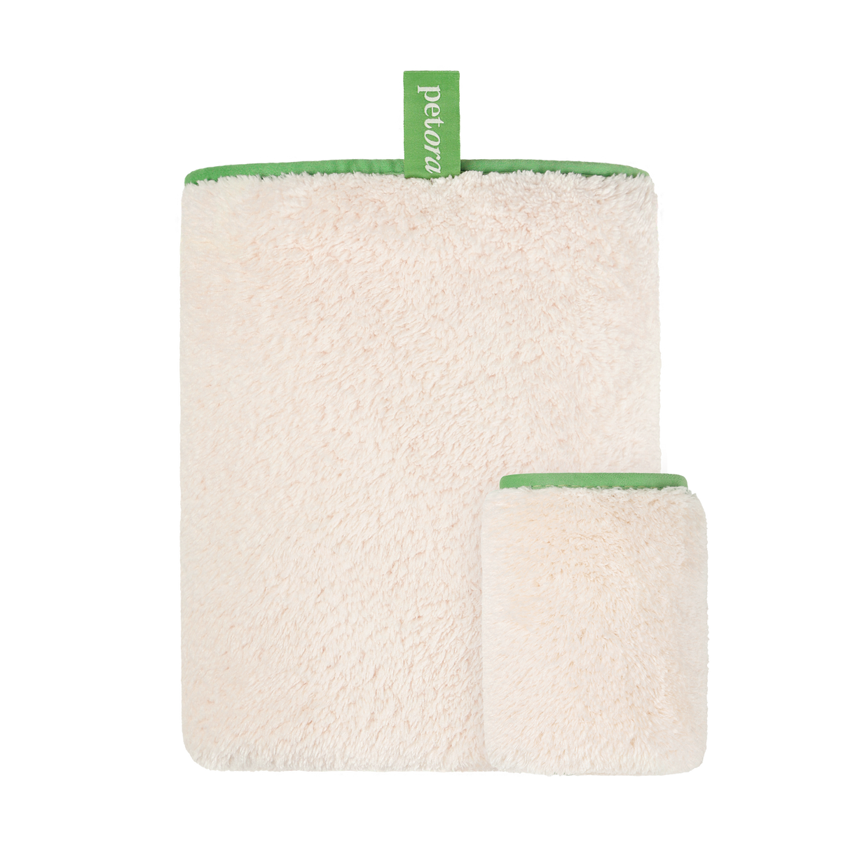 The Petora RUB ME MORE Pet Spa Towels Set by Petora includes two rectangular, cream microfiber grooming mitts with green trim and hanging loop, shown on a white background.