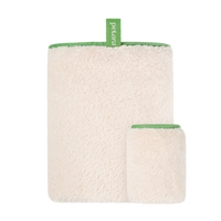The Petora RUB ME MORE Pet Spa Towels Set by Petora includes two rectangular, cream microfiber grooming mitts with green trim and hanging loop, shown on a white background.