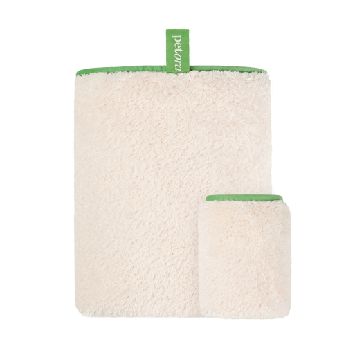 The Petora RUB ME MORE Pet Spa Towels Set by Petora includes two rectangular, cream microfiber grooming mitts with green trim and hanging loop, shown on a white background.