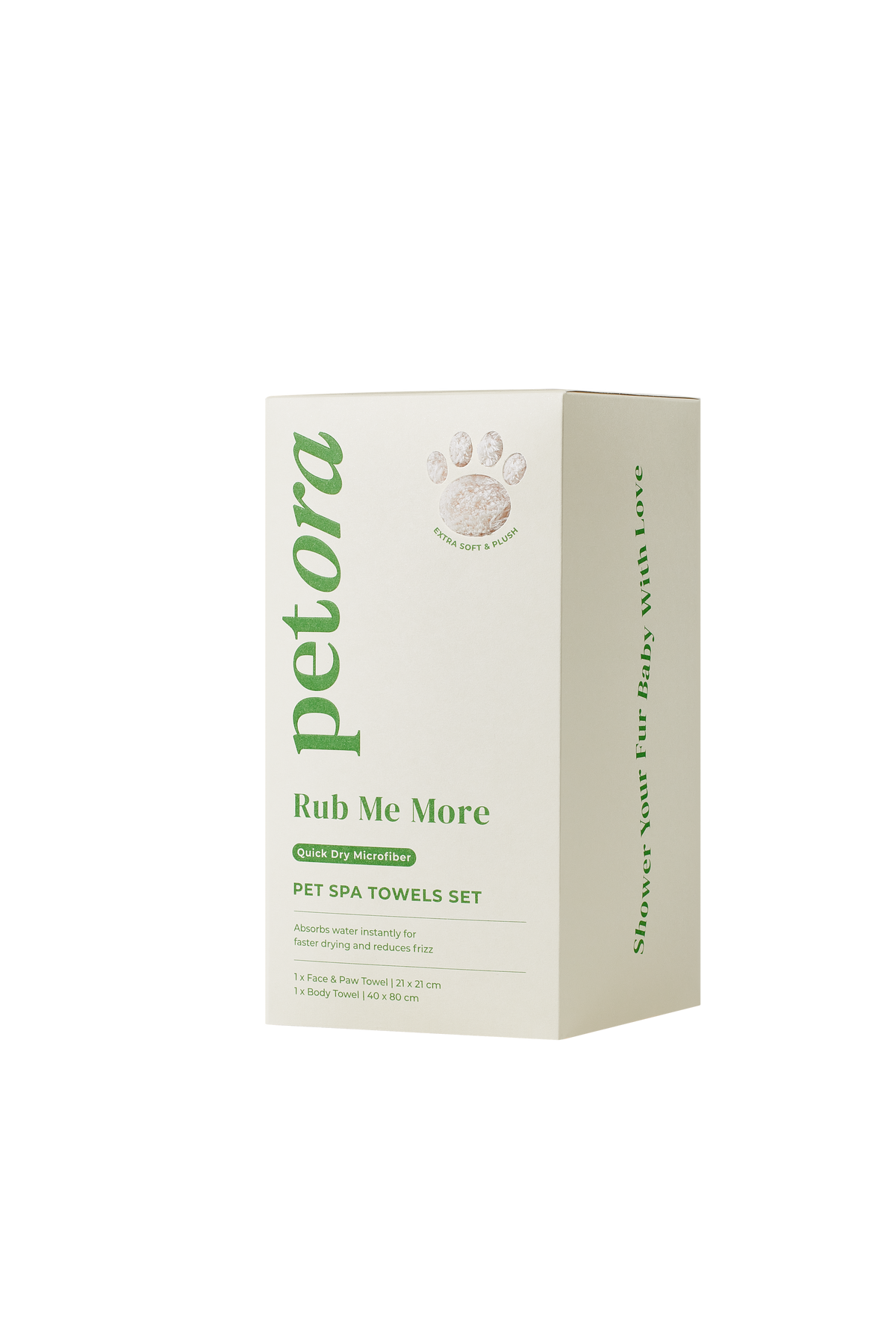 A white box labeled "Petora RUB ME MORE Pet Spa Towels Set" features green text, a paw print graphic, and highlights an ultra-absorbent microfiber pet towel for quick-drying pets. Brand: Petora.