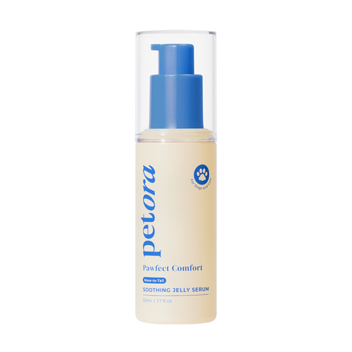 A beige bottle of Petora PAWFECT COMFORT Nose-to-Tail Soothing Jelly Serum by Petora with centella asiatica, blue pump, clear cap, blue text, and a paw print logo—ideal for soothing irritated skin.