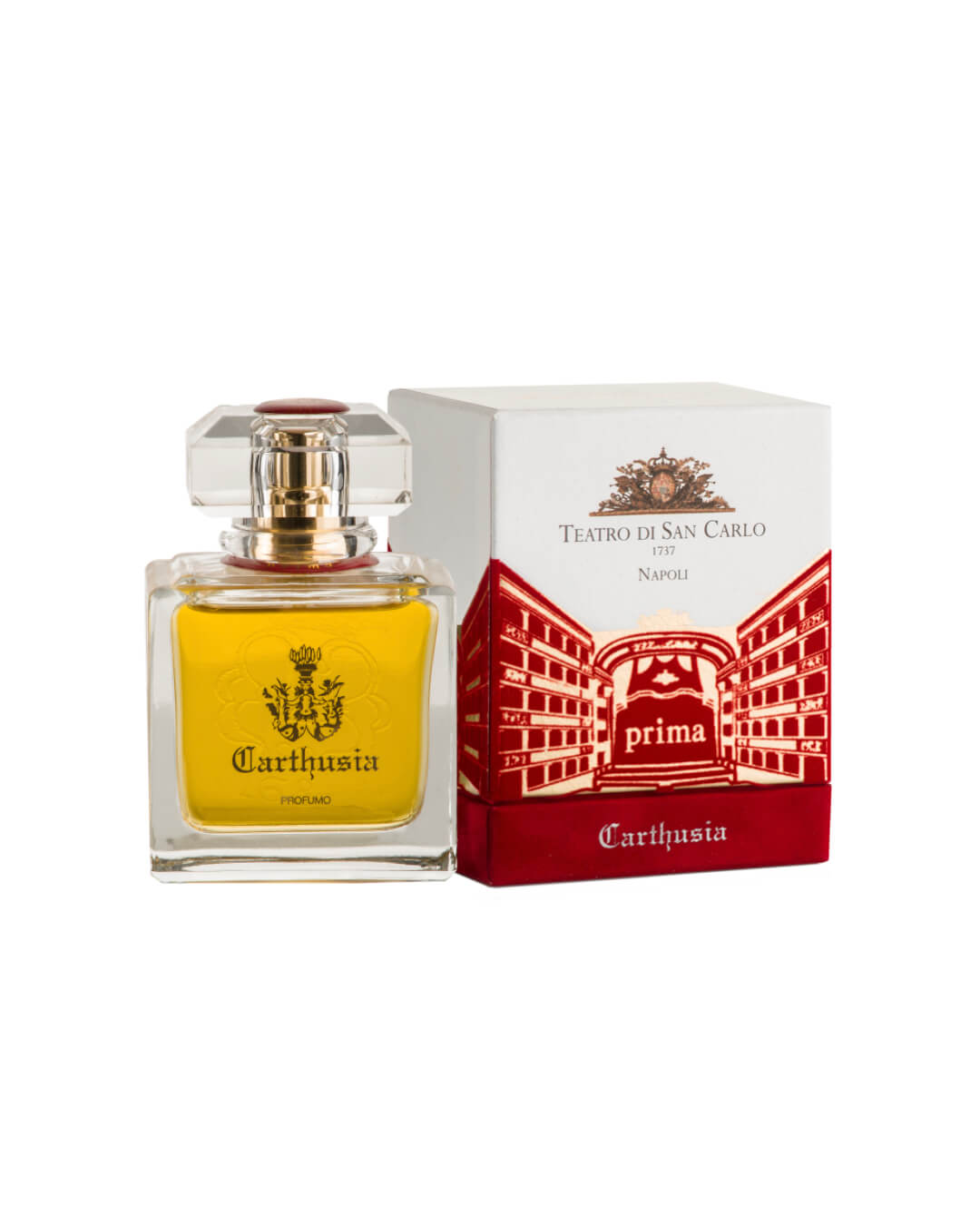 A square glass bottle of Carthusia I Profumi di Capri Prima del Teatro di San Carlo Parfum with yellow liquid and clear cap is next to a white and red box labeled with the fragrance name.