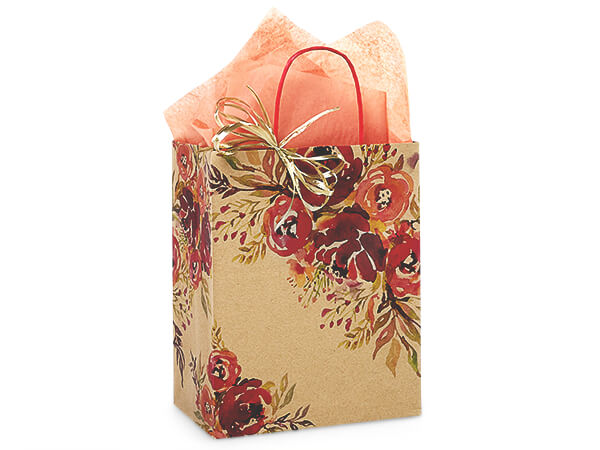 A decorative gift bag adorned with Nashville Wraps Romantic Blooms Paper Shopping/Gift Bag in shades of red and orange, featuring a ribbon and tissue paper.