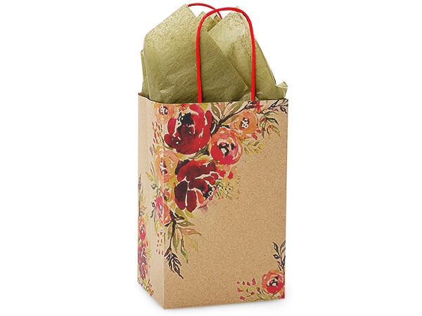 A decorative Nashville Wraps Romantic Blooms Paper Shopping Bag with red floral patterns and green leaves on a natural kraft background, featuring red handles and stuffed with light green tissue paper.