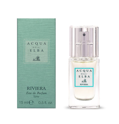 The Acqua dell'Elba Riviera EdP 15ml Travel Size is displayed beside its teal blue box, which features the Acqua dell'Elba logo and a sailboat illustration.