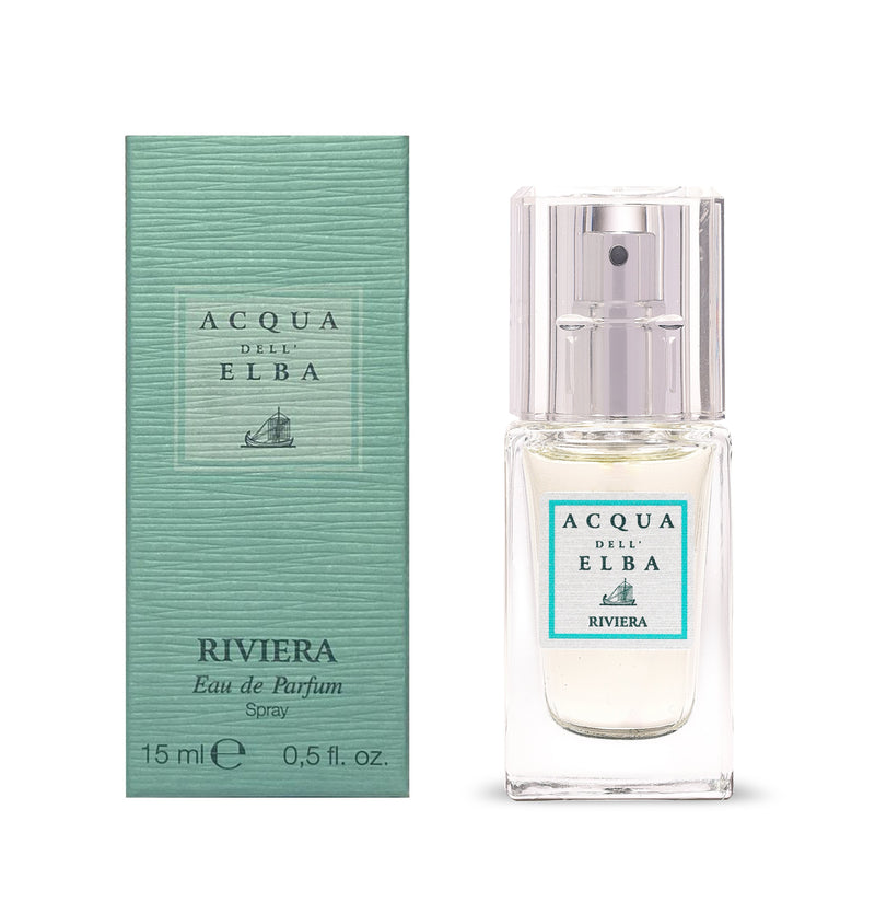 The Acqua dell'Elba Riviera EdP 15ml Travel Size is displayed beside its teal blue box, which features the Acqua dell'Elba logo and a sailboat illustration.