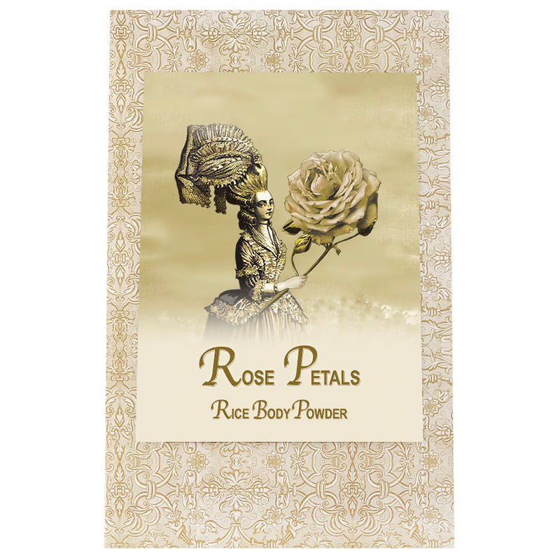 An illustration of a Victorian-style woman holding a large, blooming rose on a beige, floral-patterned background with the text "La Bouquetiere Rose Petal Rice Powder Refill.