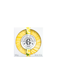 Round bar of Roger & Gallet Citron Soap, wrapped in bright yellow paper with the brand's logo and product details displayed centrally.