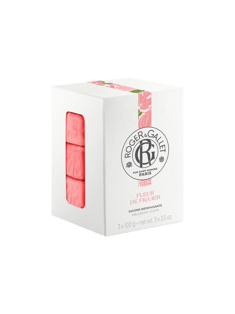 A package of Roger & Gallet Fig Blossom - Wellbeing Soaps Set featuring three bars, each 100 grams, isolated on a white background. The box is white with red and green design.