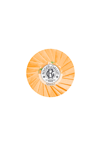 A round bar of Roger & Gallet Neroli - Wellbeing Soap - 3.5 oz with an orange and white package design, featuring the brand's logo in the center and details in black and gold lettering.