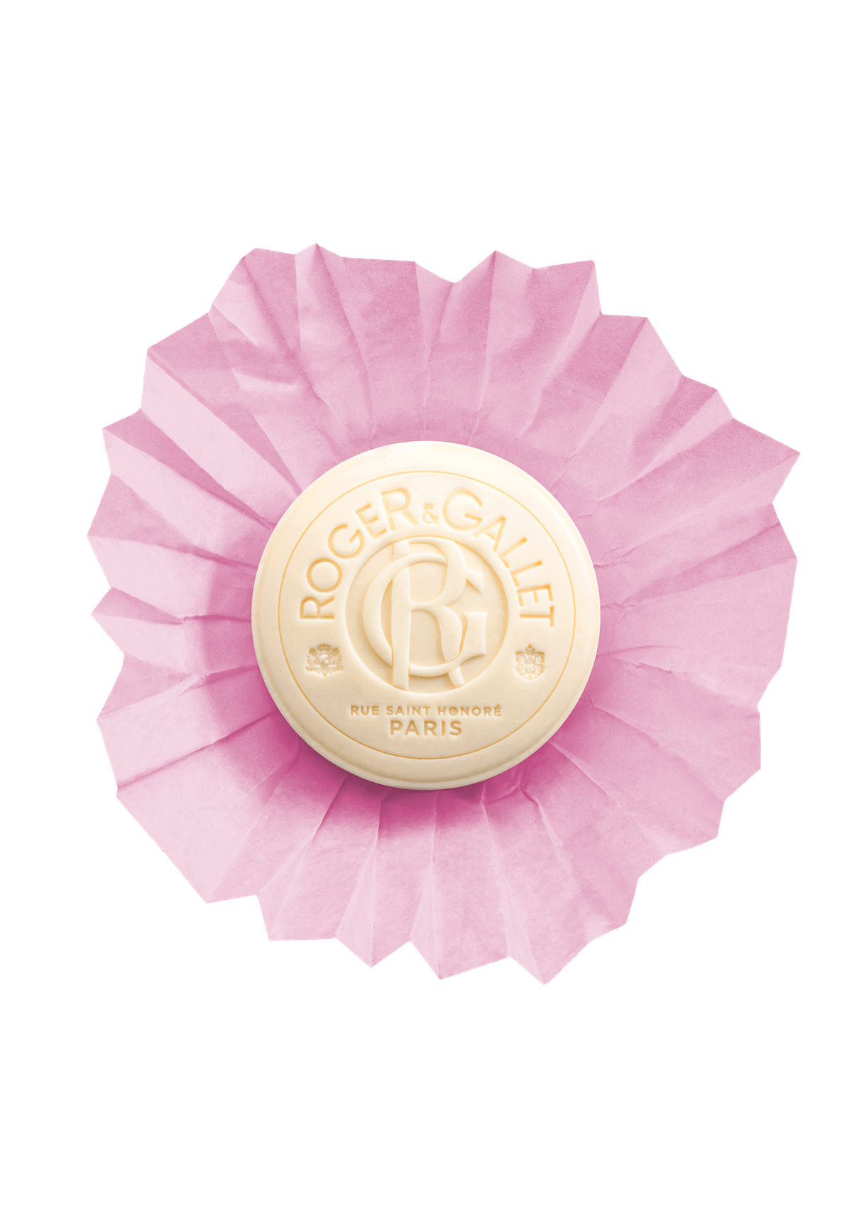 A pink, round Roger & Gallet Tea Leaf wellbeing soap labeled "roger & gallet - paris" in French, sealed with a black and white emblem, surrounded by a diagonal striped green and white border.