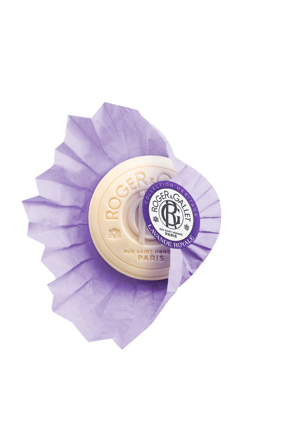 A square soap packaging for Roger & Gallet Royal Lavender - Wellbeing Soap - 3.5 oz with a purple and white color scheme and a detailed black and white seal at the center indicating it is made in France, infused with lavender essential