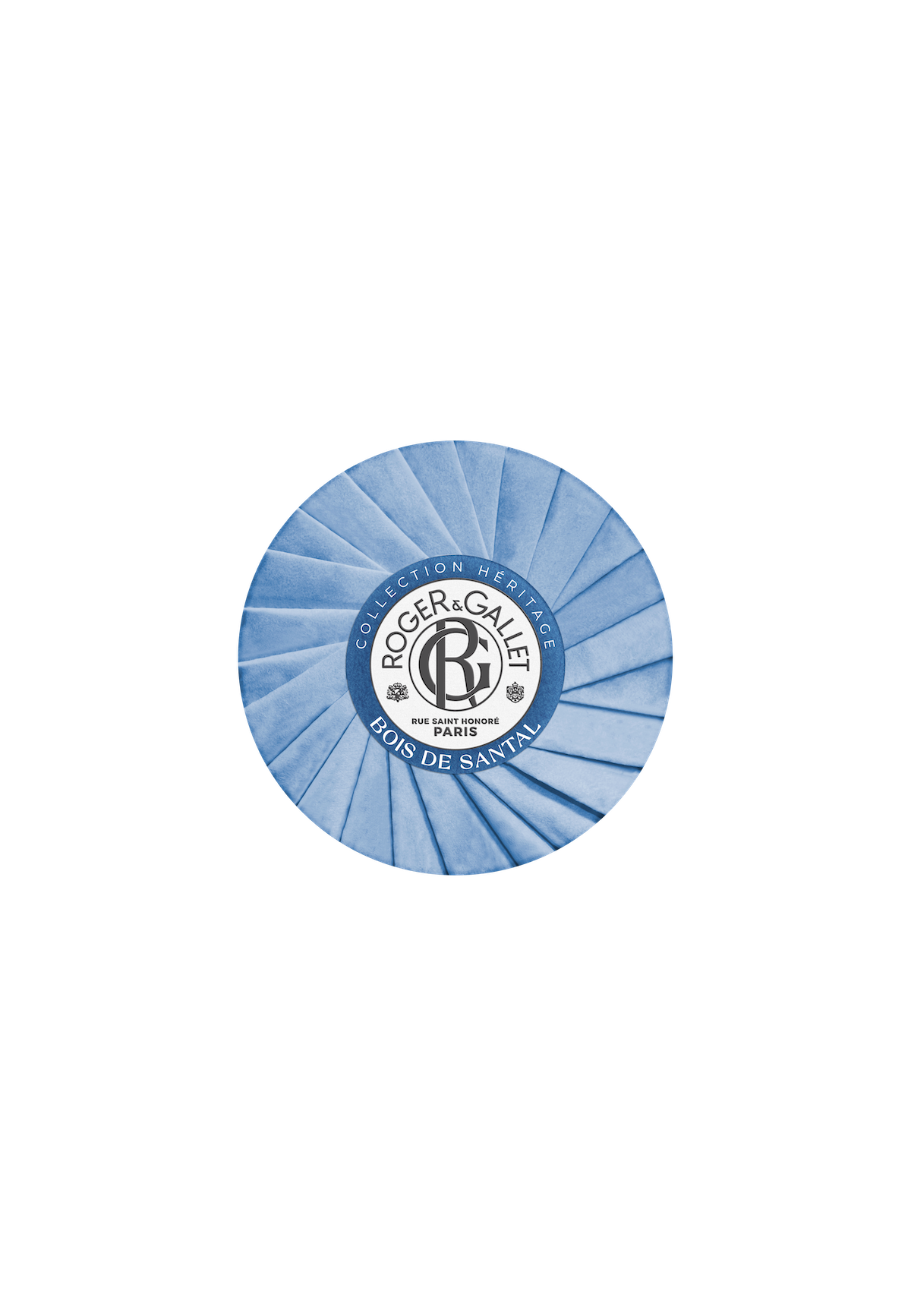 A bar of Roger & Gallet Sandalwood - Wellbeing Soap - 3.5 oz in a blue and white decorative box with a circular, striped pattern and the company's logo in the center.
