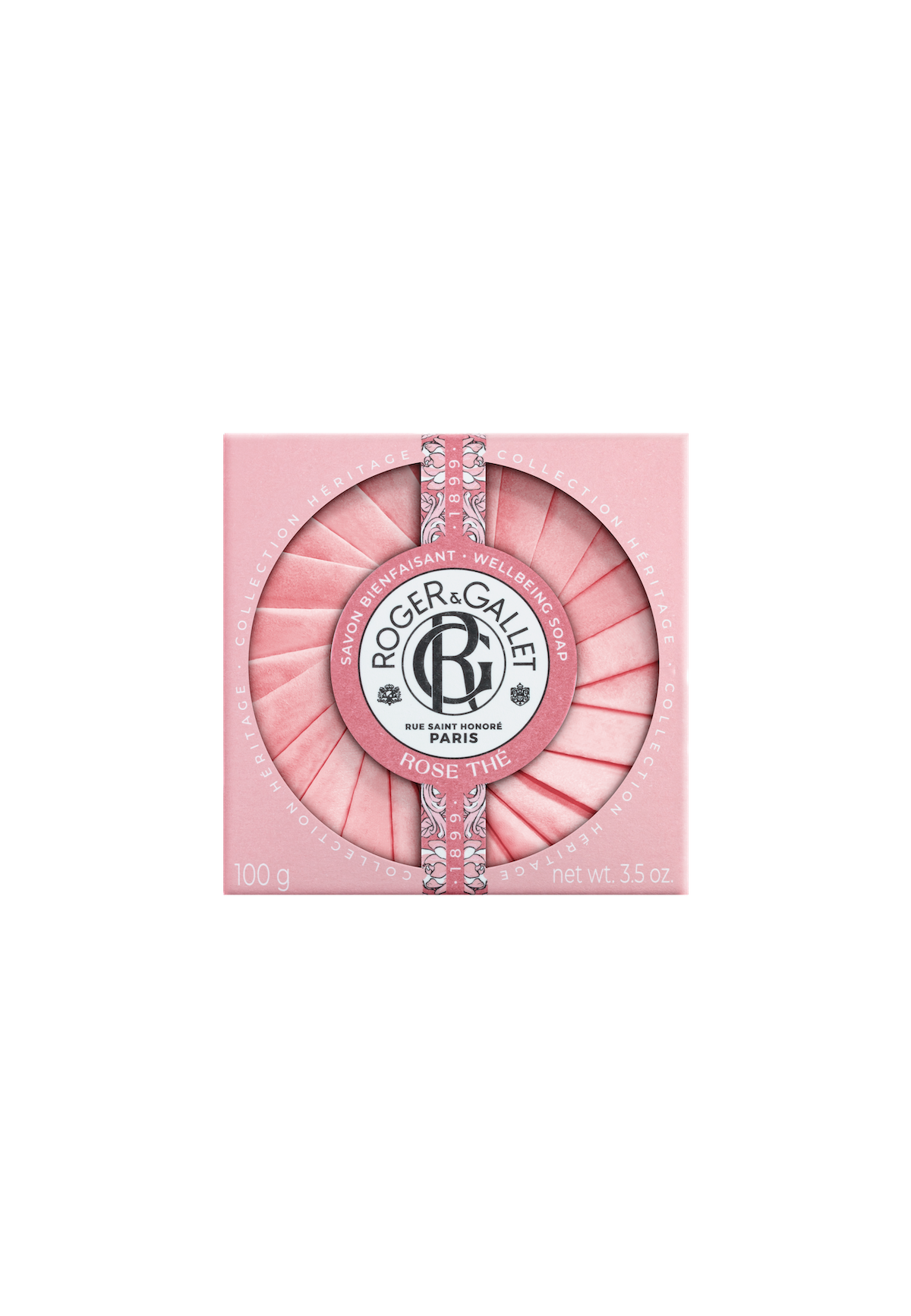 A luxurious Roger & Gallet Rose Wellbeing Soap in an artfully designed round tin with a pink floral motif and sparkling diamond-like accents around the central logo.
