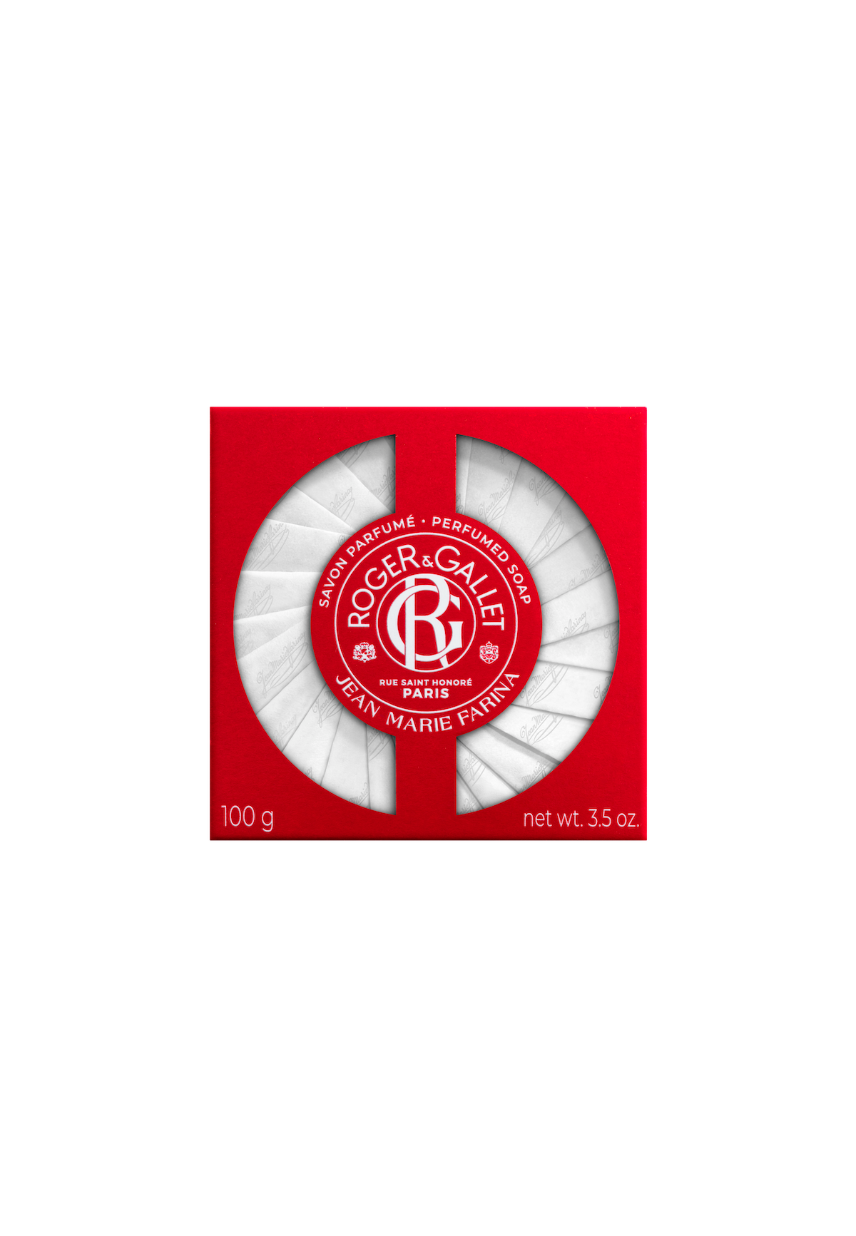 A Roger & Gallet Jean Marie Farina perfumed soap in white and red packaging, displayed against a black background. The soap is circular, segmented.