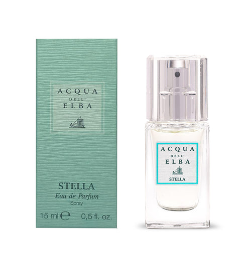 The Acqua dell'Elba Stella EdP 15ml Travel Size is displayed beside its green textured box, both featuring minimalist text and the brand’s sailboat logo, reflecting the fresh Mediterranean spirit of Acqua dell'Elba.