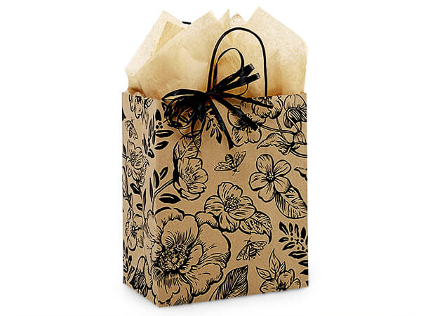 A Nashville Wraps Timeless Floral Black Shopping/Gift Bag, Cub 8x4.75x10.25" with a floral pattern and a black ribbon, standing upright on a plain background, made from 100% recyclable recycled kraft paper.