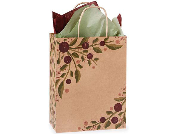Eco-friendly decorative Tuscan Harvest Recycled Kraft Paper Bags adorned with a berry and leaf design, filled with red and green tissue paper from Nashville Wraps.