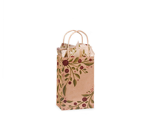 A decorative Tuscan Harvest recycled paper bag with a floral pattern and twisted paper handles, displayed against a white background. It is designed with red berries and green leaves. Nashville Wraps brand.