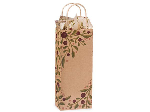 A gift bag with a beige background and a floral design featuring olive branches and olives, with rope handles, crafted from Tuscan Harvest Recycled Kraft Paper Bags, Wine 5.5x3.25x13" by Nashville Wraps.
