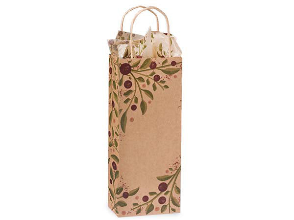 A gift bag with a beige background and a floral design featuring olive branches and olives, with rope handles, crafted from Tuscan Harvest Recycled Kraft Paper Bags, Wine 5.5x3.25x13" by Nashville Wraps.