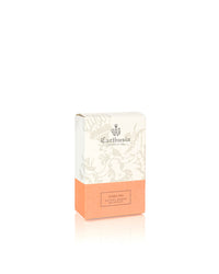 A rectangular Carthusia Terra Mia Bar Soap box by Carthusia I Profumi di Capri features a white floral top, peach lower half, and text highlighting this artisanal bar soap’s Mediterranean-inspired fragrance.