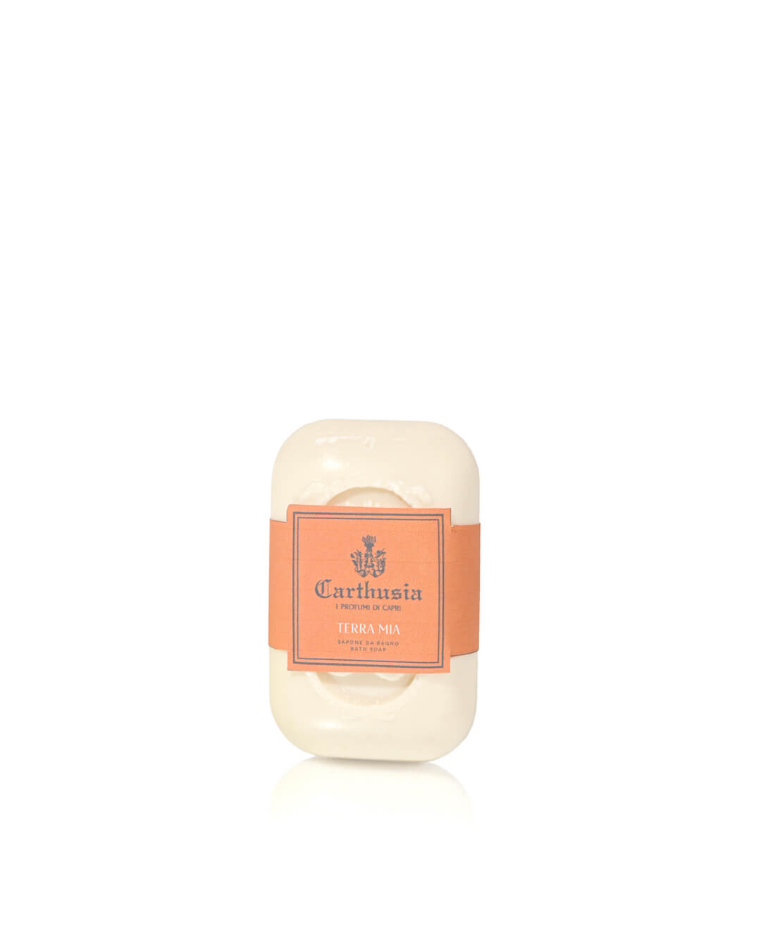 The Carthusia Terra Mia Bar Soap by Carthusia I Profumi de Capri, a rectangular white artisanal bar with rounded edges and an orange label, adds Mediterranean fragrance to your unisex skincare routine against a plain white background.