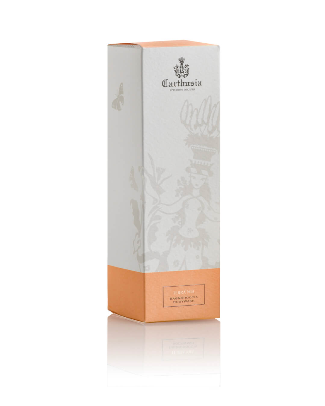 A rectangular Carthusia I Profumi di Capri box with a pale gray top and peach base, adorned with illustrations and logo, ideal for gifting with the unisex Carthusia Terra Mia Shower Gel.