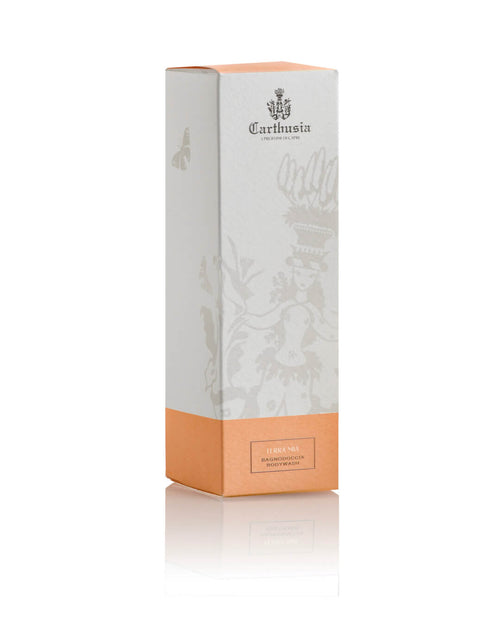 A rectangular Carthusia I Profumi di Capri box with a pale gray top and peach base, adorned with illustrations and logo, ideal for gifting with the unisex Carthusia Terra Mia Shower Gel.