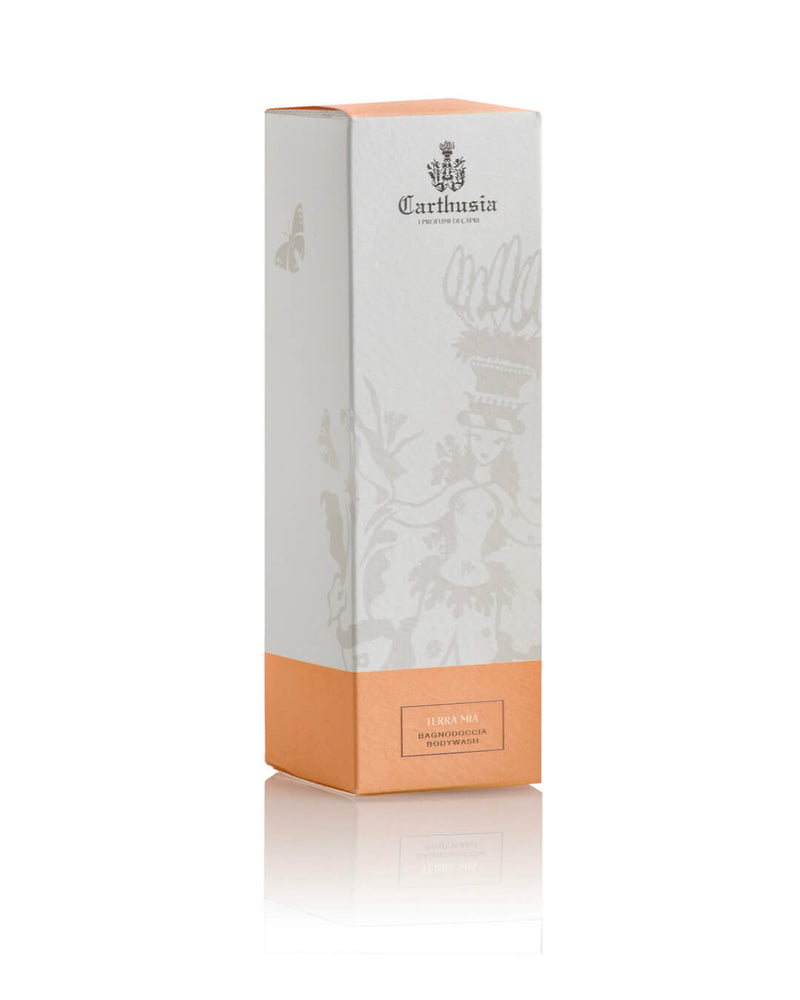 A rectangular Carthusia I Profumi di Capri box with a pale gray top and peach base, adorned with illustrations and logo, ideal for gifting with the unisex Carthusia Terra Mia Shower Gel.