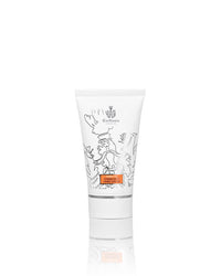 A white tube of Carthusia I Profumi di Capri Terra Mia Hand Cream, decorated with black-outlined floral and bird designs and an orange label, promises Mediterranean-inspired skincare against a plain white background.