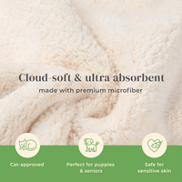 A close-up of the Petora RUB ME MORE Pet Spa Towels Set shows a fluffy, cream-colored towel. Text reads “Cloud-soft & ultra-absorbent, made with premium microfiber.” Icons note it's cat-approved, puppy/senior friendly, and safe for sensitive skin.
