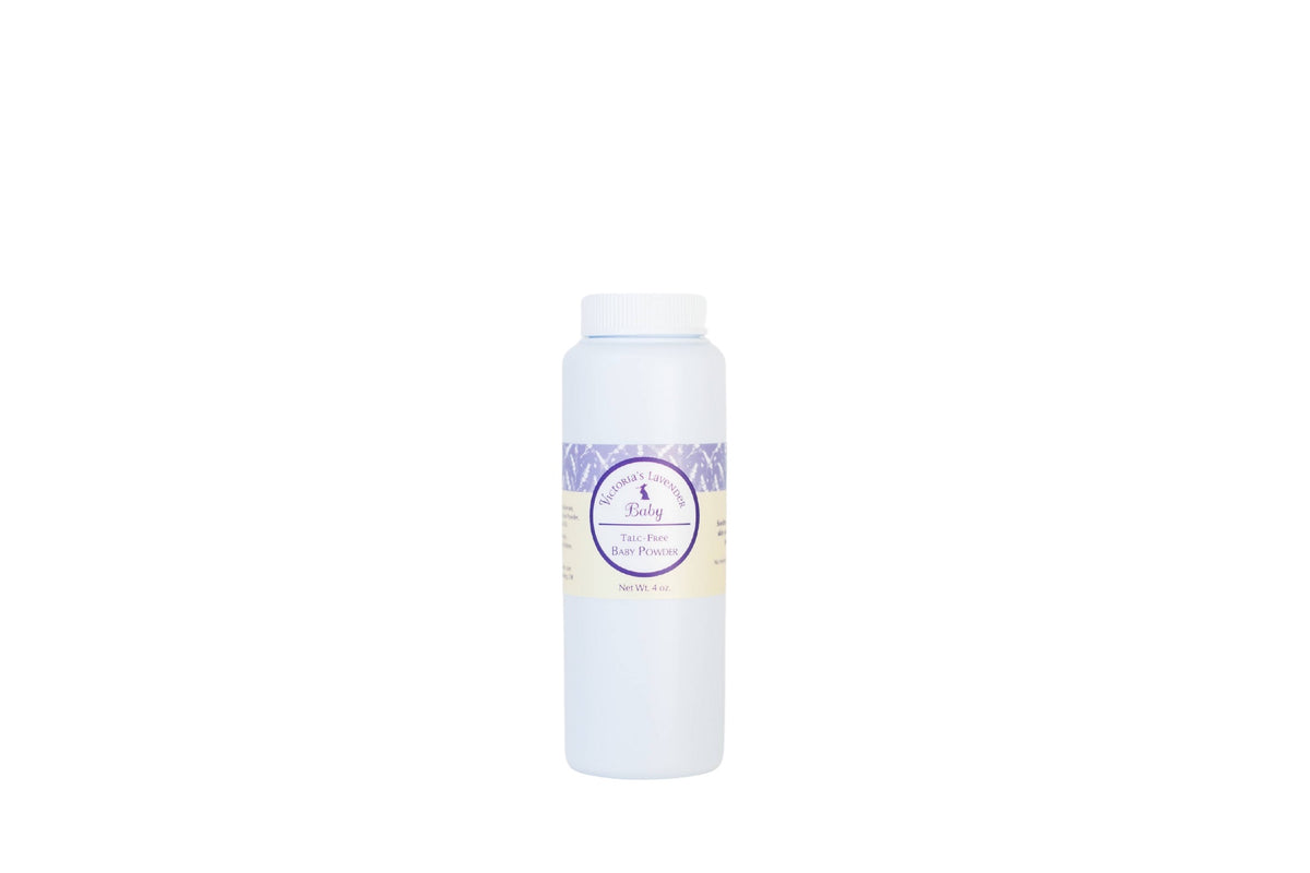 A white plastic bottle with a screw-top lid is centered on a white background. The bottle's label is primarily purple and white, marked with text indicating it's Victoria's Lavender Baby Powder Talc-free, an all-natural baby powder infused with lavender and chamomile, perfect for delicate skin.