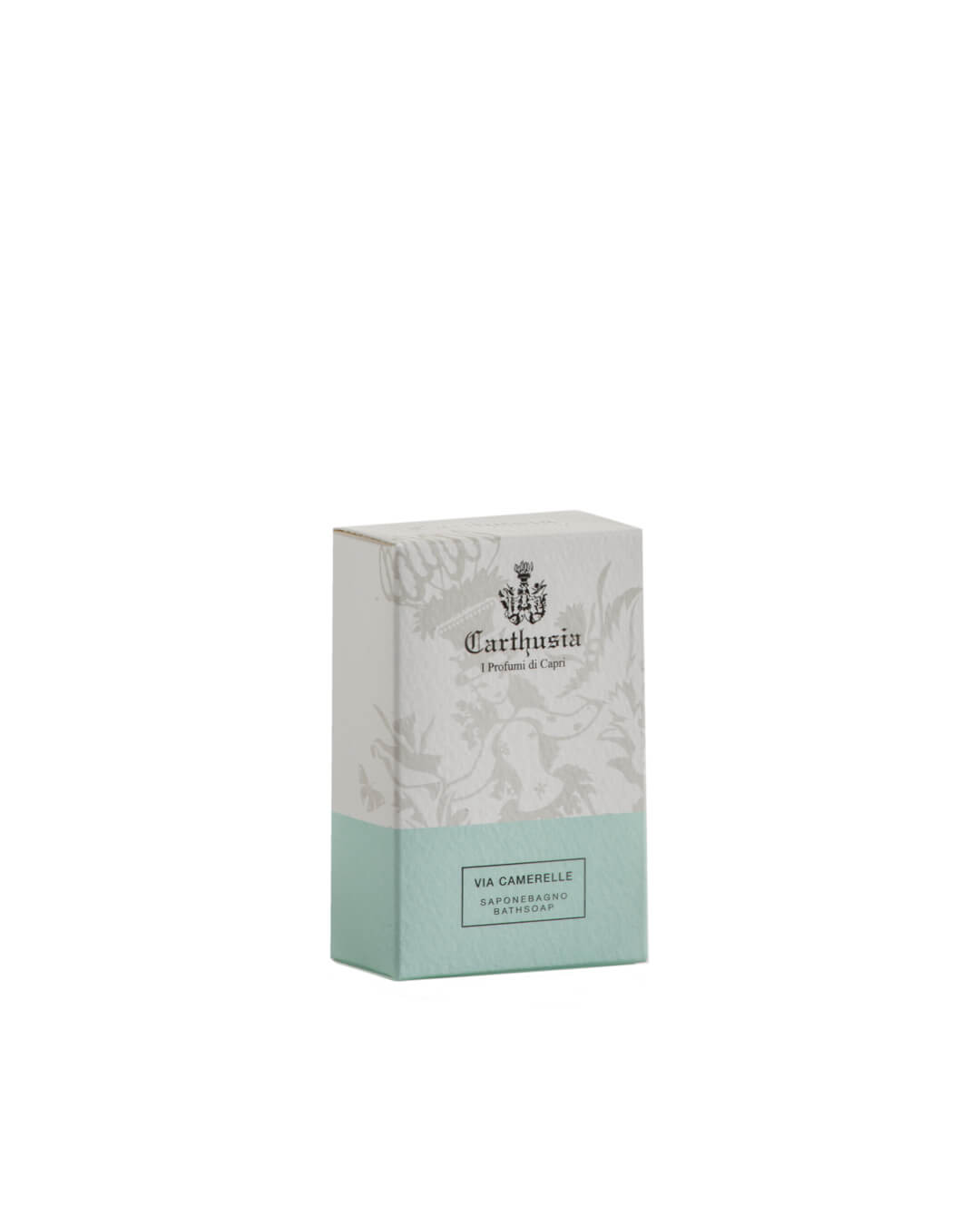Carthusia I Profumi di Capri Via Camerelle Soap offers a gentle, natural cleanse—ideal for sensitive skin. The elegant white and light teal box features the Carthusia logo, blending style with skincare.