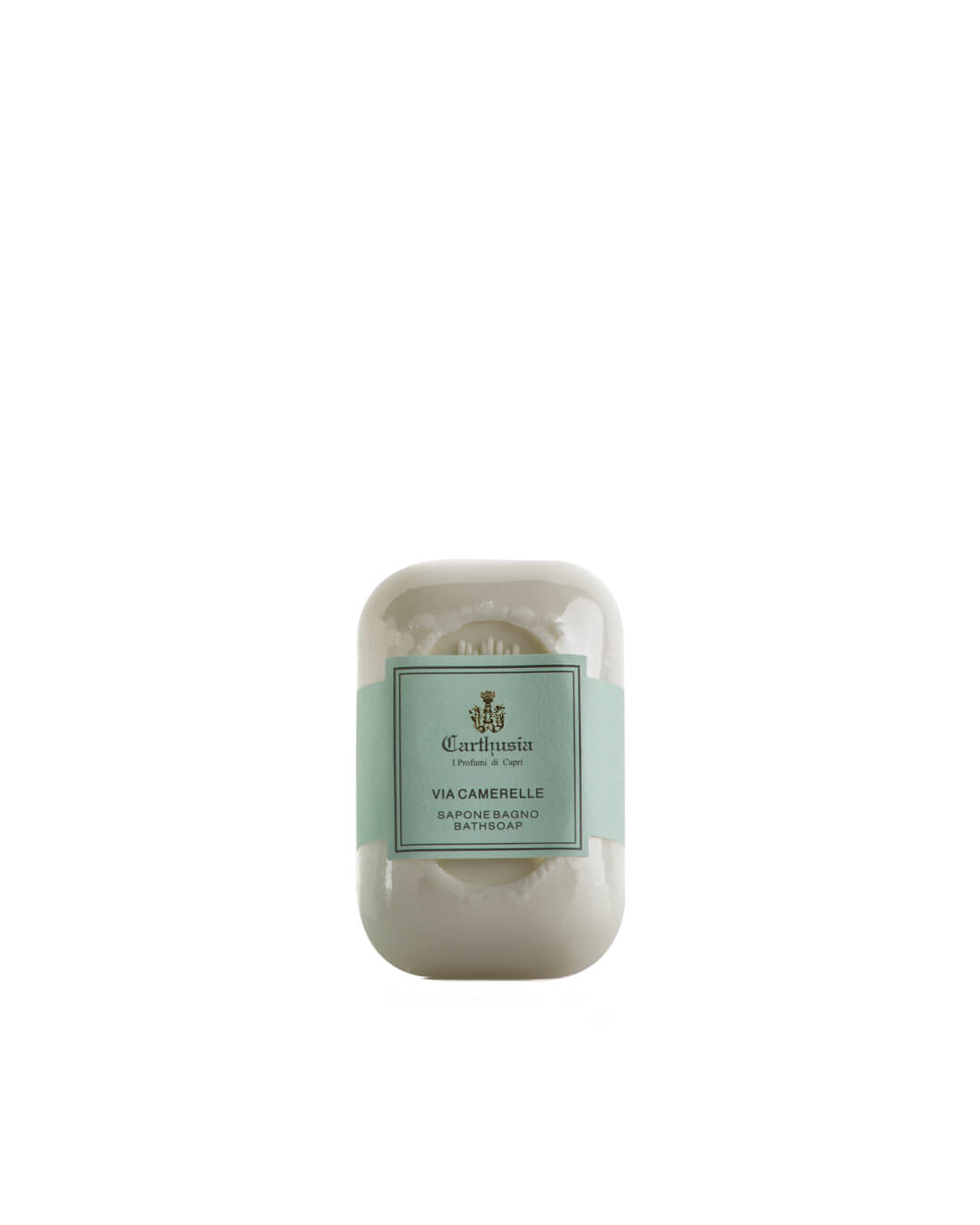 A white Carthusia Via Camerelle Soap by Carthusia I Profumi de Capri, wrapped with a light green label and ideal for sensitive skin, is shown against a plain white background.