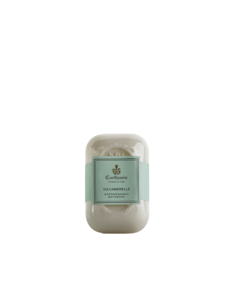 A white Carthusia Via Camerelle Soap by Carthusia I Profumi de Capri, wrapped with a light green label and ideal for sensitive skin, is shown against a plain white background.