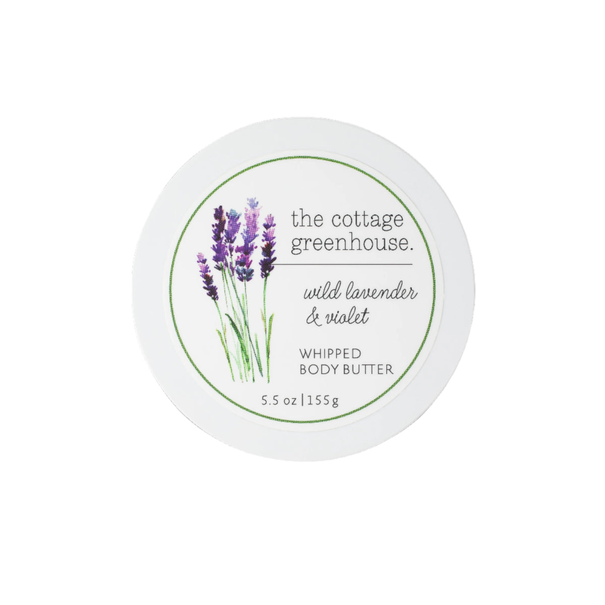 Round container of The Cottage Greenhouse Wild Lavender & Violet Body Butter by Margot Elena, infused with moisturizing natural ingredients. The label displays lavender flower illustrations. Net weight: 5.5 oz (155 g).