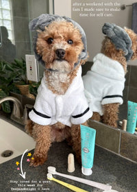 A fluffy dog wrapped in a robe and head wrap stands on a bathroom countertop, accompanied by skincare essentials like a tube of cream and the Wag & Bright Supply Co. Puppy Polisher Finger Brush with silicone bristles. The caption highlights the importance of prioritizing self-care after spending the weekend with family.