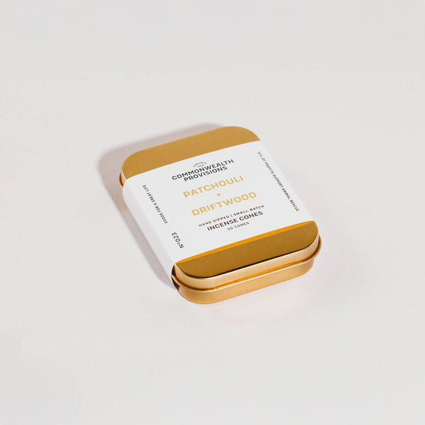 Commonwealth Provisions - Patchouli + Driftwood Incense Cones, Tin of 30