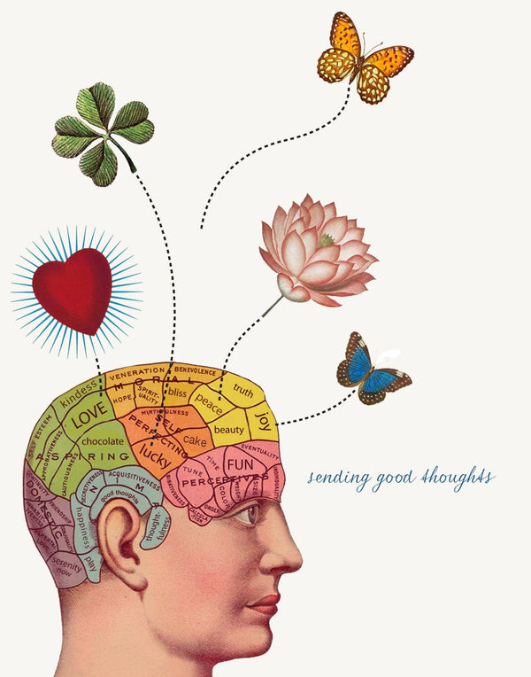 A-2 Greeting Card by P. Flynn Design / Phun House features a human head illustration with colorful, labeled brain regions and uplifting symbols—heart, clover, lotus, butterflies—ideal for sending encouragement in an eco-friendly way.