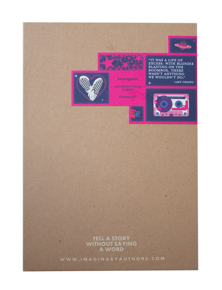 A box of "Imaginary Authors In Love With Everything - Travel Size" by Imaginary Authors, brown in color and adorned with vibrant graphics on the top right corner. The graphics include a pair of sneakers, a mixtape, and three text blocks that read "Raspberry," "Coconut Palm Sugar," and "Stardust." Above these graphics, the text reads, "Tell a story without saying a word." Experience an energizing scent that's truly gender-neutral.