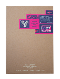 A box of "Imaginary Authors In Love With Everything - Travel Size" by Imaginary Authors, brown in color and adorned with vibrant graphics on the top right corner. The graphics include a pair of sneakers, a mixtape, and three text blocks that read "Raspberry," "Coconut Palm Sugar," and "Stardust." Above these graphics, the text reads, "Tell a story without saying a word." Experience an energizing scent that's truly gender-neutral.