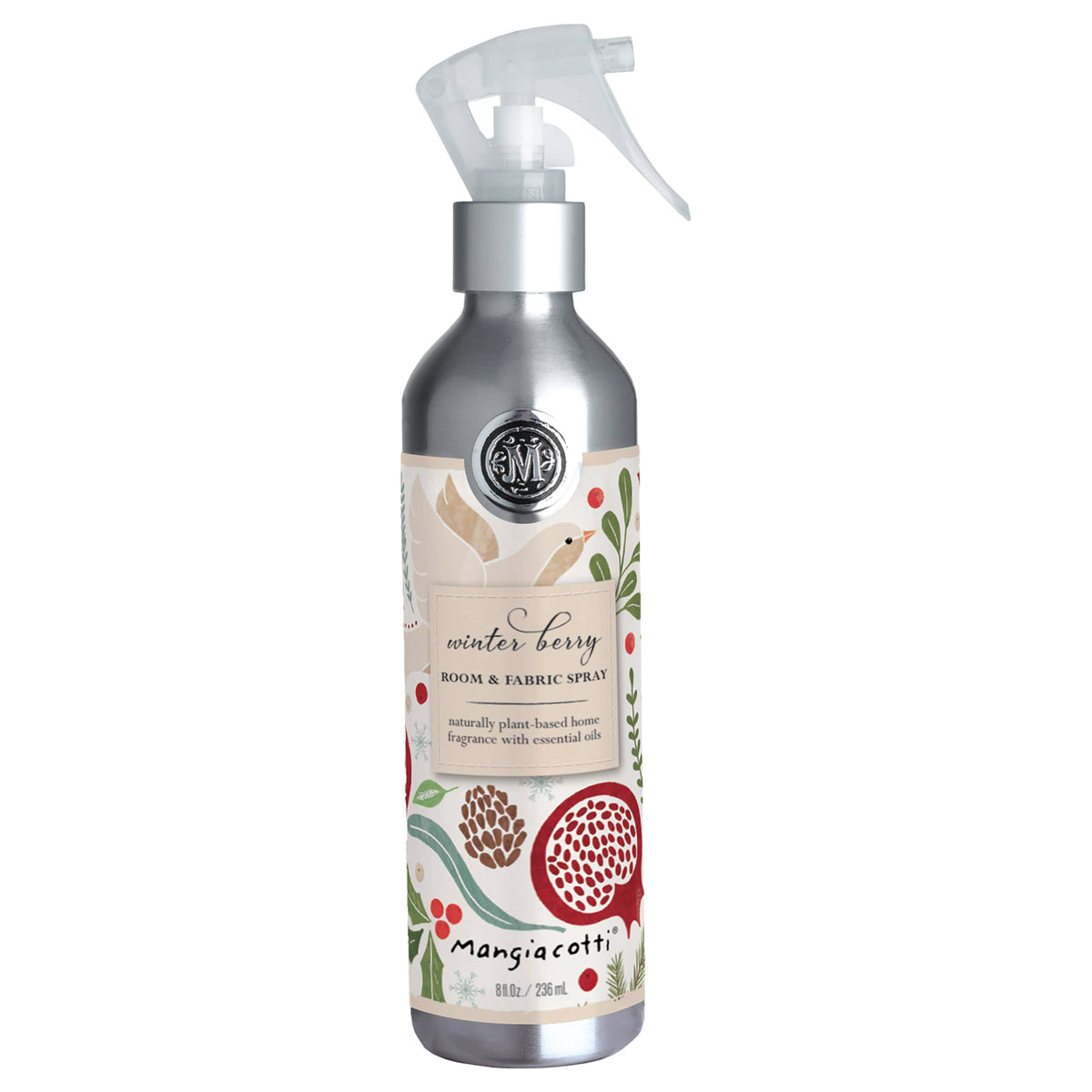 Mangiacotti Winter Berry Room & Fabric Spray is a plant-based air freshener in a silver bottle with botanical berry, pine cone, and greenery illustrations and a clear plastic spray nozzle.