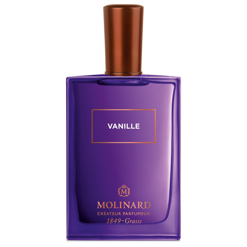 A rectangular purple bottle of Molinard Vanille Eau de Parfum features a copper cap, gold accents, and "Molinard Créateur Parfumeur 1849 - Grasse" at the base, reflecting its rich gourmand vanilla scent.