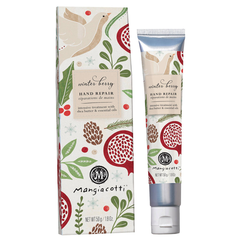Boston International’s Mangiacotti Winter Berry Hand Repair comes in a festive tube and box with holiday bird, berry, pinecone, and leaf art—ideal for soothing dry hands.