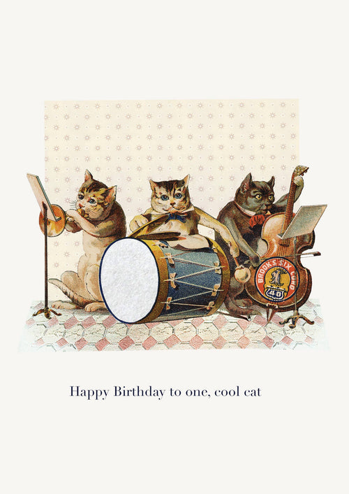 The P. Flynn Design / Phun House "Happy Birthday to one cool cat" card features three cats as musicians with cymbals, drum, and cello. A fun choice for music lovers from the P. Flynn Design / Phun House brand.