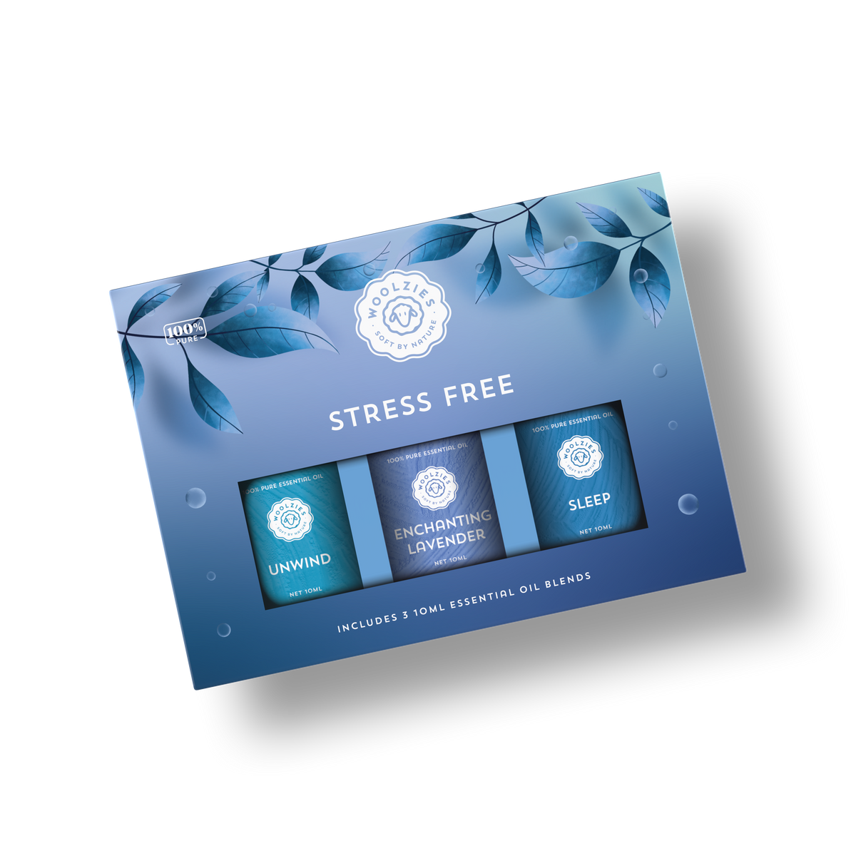 A blue box labeled "Woolzies Stress Free Collection" contains three 10ml natural relaxation oils—Unwind, Enchanting Lavender, and Sleep. Leafy graphics decorate the Woolzies packaging for a calming touch.