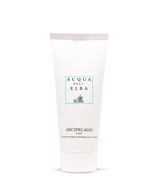 A white tube of Acqua dell'Elba Arcipelago Uomo Moisturizing Body Lotion with a light gray cap, teal and black minimalist text, and a sailboat illustration—a daily essential from Acqua dell'Elba.