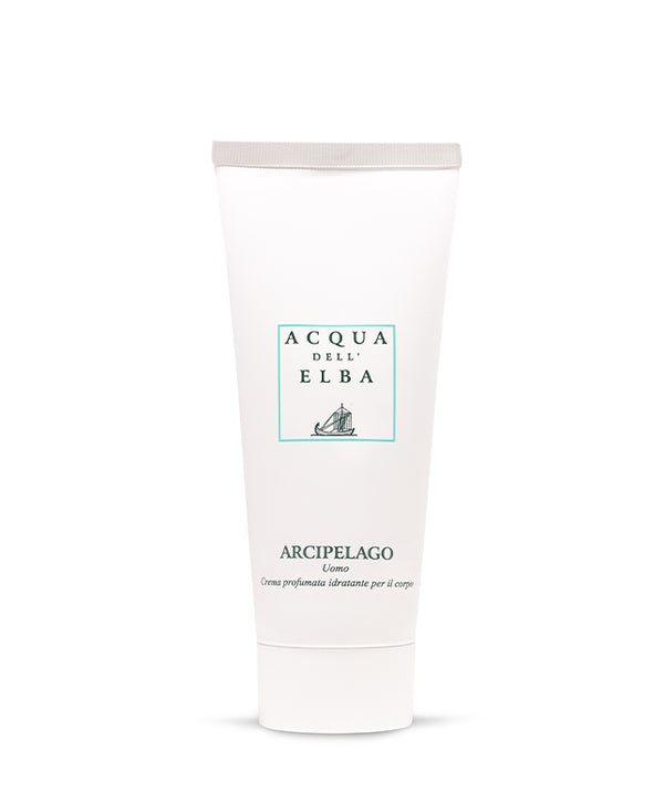 A white tube of Acqua dell'Elba Arcipelago Uomo Moisturizing Body Lotion with a light gray cap, teal and black minimalist text, and a sailboat illustration—a daily essential from Acqua dell'Elba.